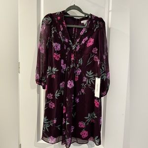 New Calvin Klein Flower Print Pleat Front Chiffon Dress